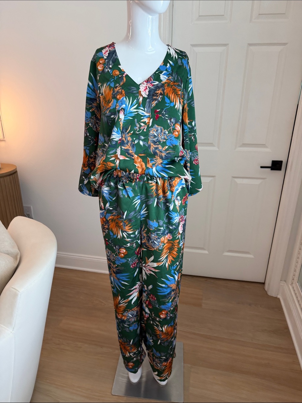 MODx Green Tropical Print V-Neck Tunic with Elastic Waist Wide Leg Pant Set